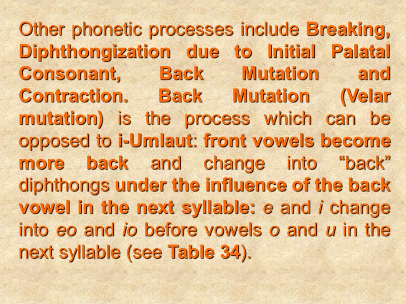 Other phonetic processes include Breaking, Diphthongization due to Initial Palatal Consonant, Back Mutation and